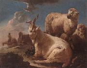 unknow artist An evening landscape with goat and sheep resting in the foreground,a herdsman beyond